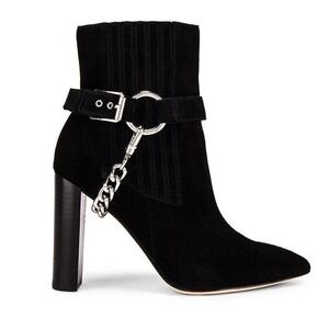 PAIGE London Black Suede Pointed Toe Block Heel Ankle Boots Chain Detail Sz. 7.5